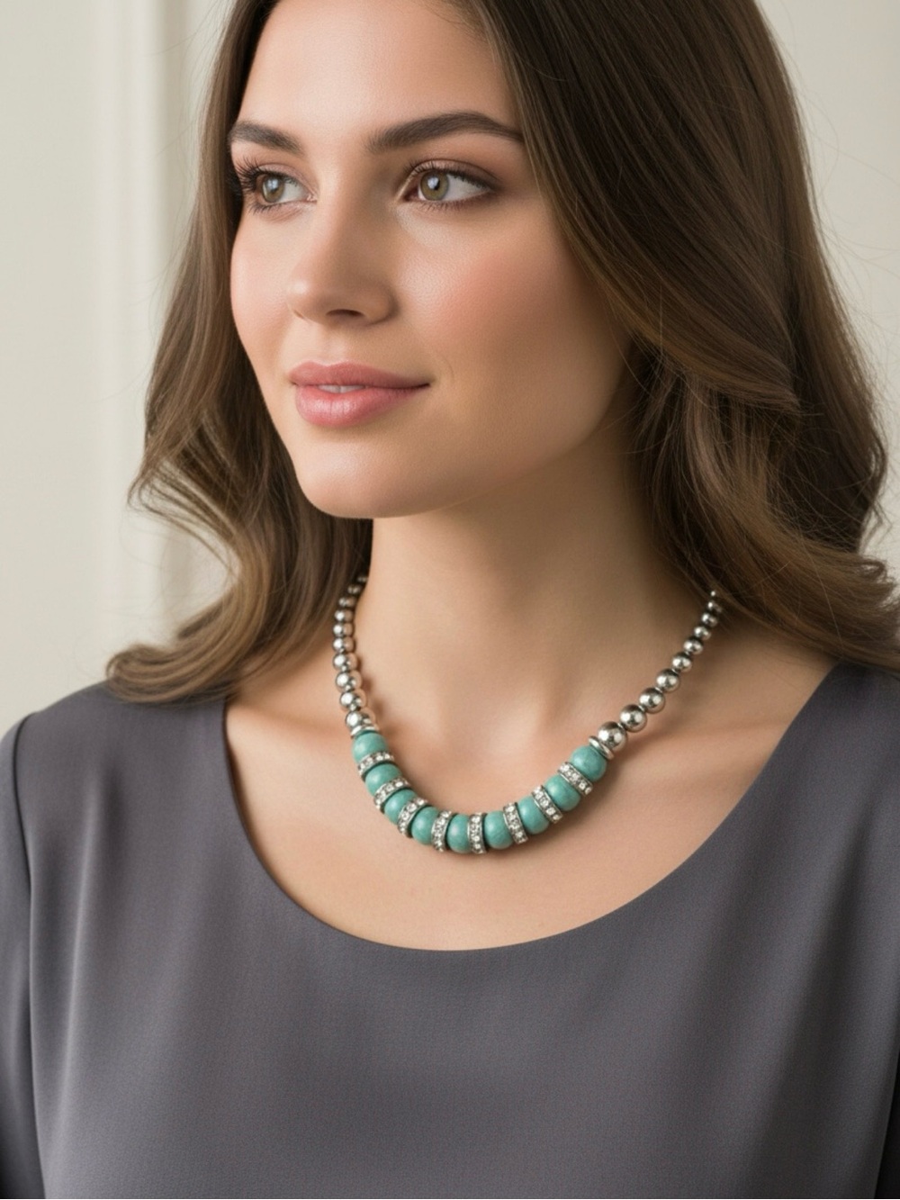 Vintage Estate Silver Bead & Dyed Agate Necklace w/ Sterling Rhinestone Spacers - Picture 3 of 12